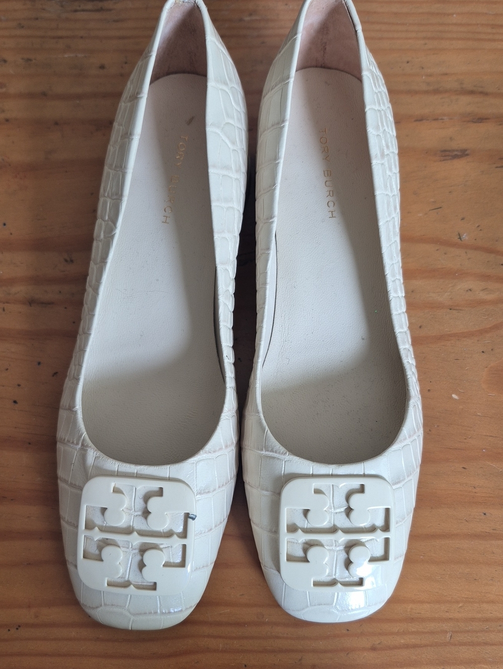 Tory Burch Ivory Croc-Embossed Logo Square-Toe Flats